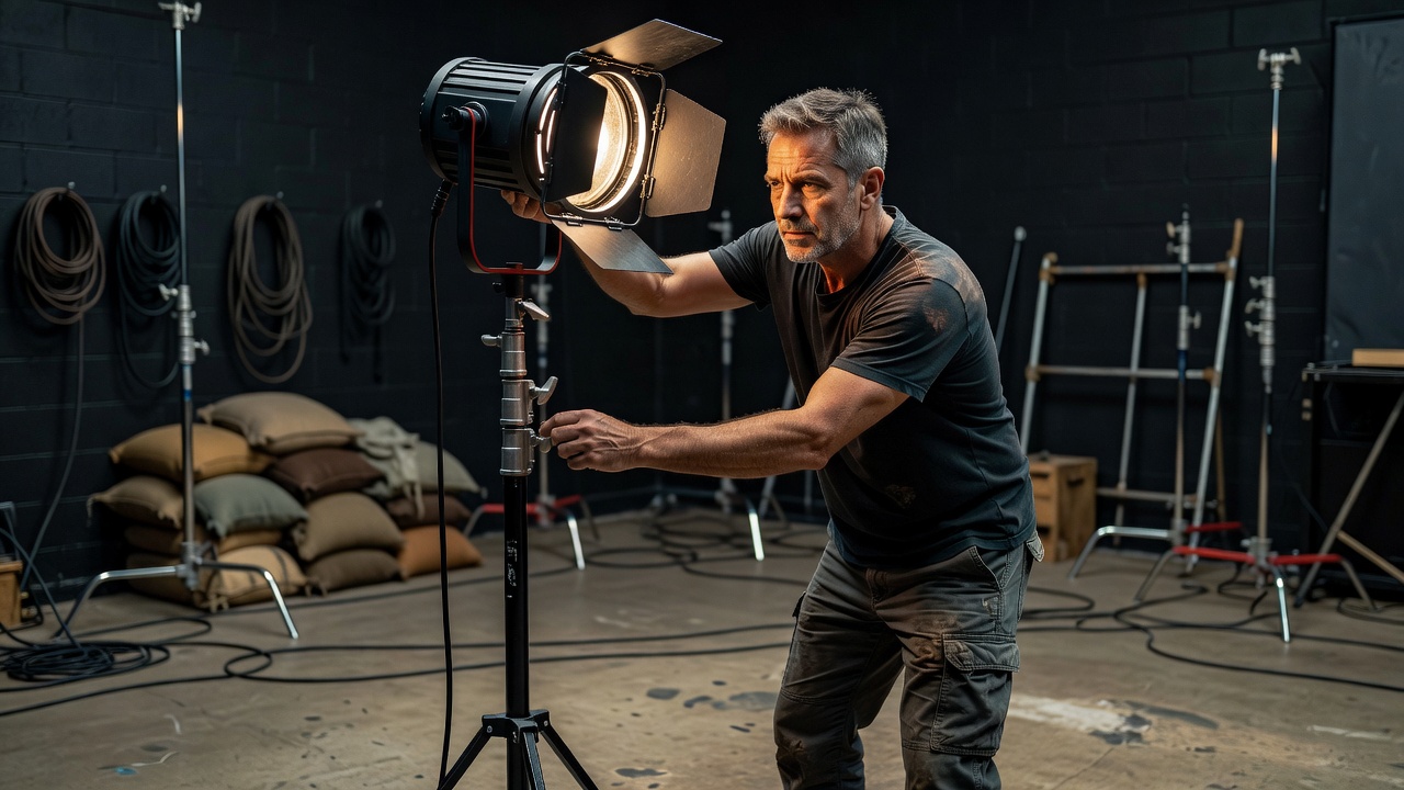 Cinematographer Adjusting Studio Light